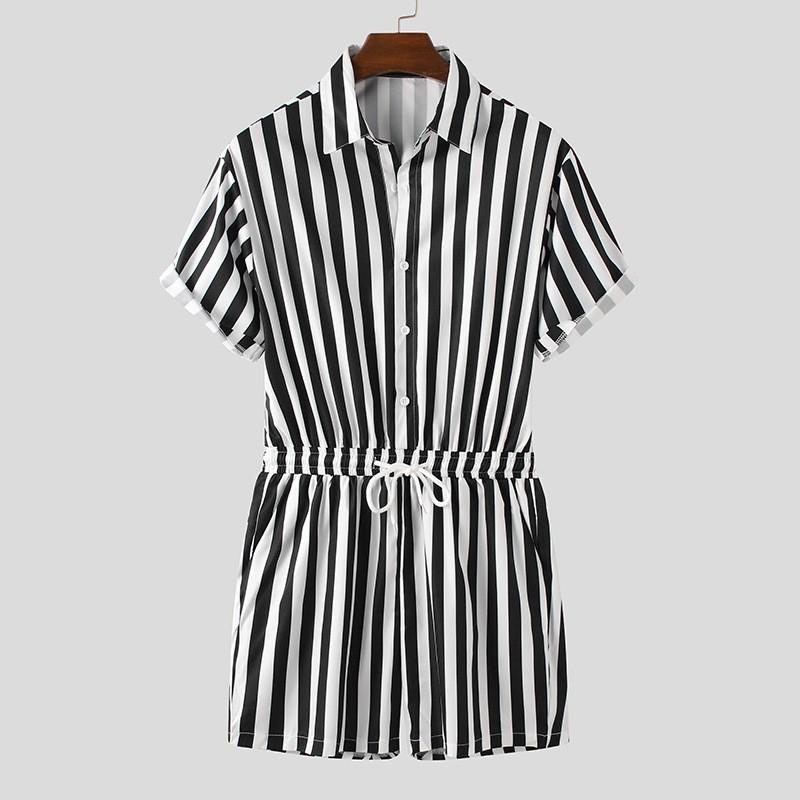 Men's Striped Romper Shorts Fashion Casual Playsuit Short Sleeve Button-down Shorts Lapel Jumpsuit Drawstring Streetwear XS-3XL