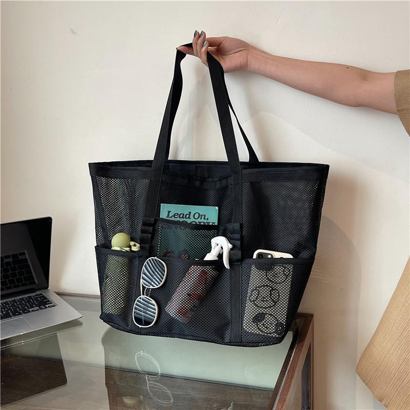 Bolsa de playa de malla portátil para mujer, bolsa de almacenamiento de maquillaje para viajes, bolsa de baño de verano, organizador, bolsa de compras