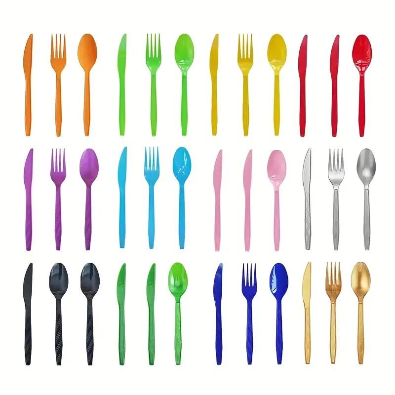 75 Sets of Reusable Multicolor Plastic Cutlery Knives, Forks and Spoons, Which Are Very Suitable for Dining Parties.