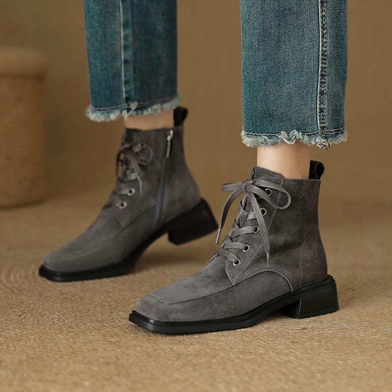 Fashion NEW Autumn Women Boots Sheep Suede Leather Shoes for Women Sqaure Toe Chunky Heel Shoes Lace-up Zipper Short Boots Daily Shoes