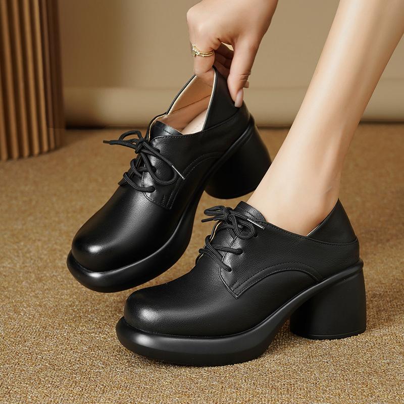 7cm Boty v britském vintage stylu s hlubokým výstřihem z pravé kůže Dámské Oxfords Jaro 2025 Střední blokový podpatek Platforma Lodičky Kancelářské Maminka