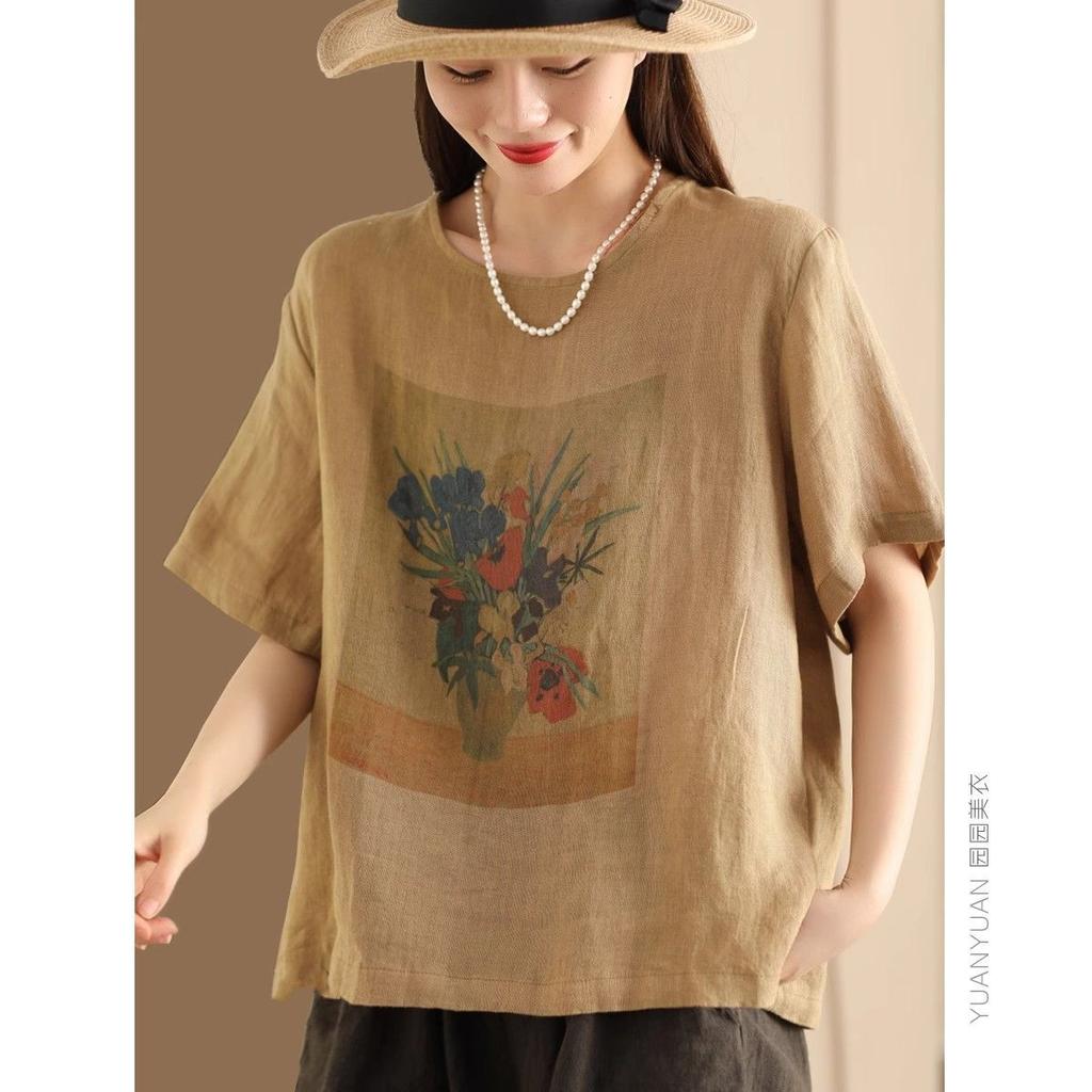 Temperament lässiges kurzärmeliges Oberteil für Pendler Sommer neu Baumwolle und Leinen bequem literarisch retro Rundhals-T-Shirt Damen