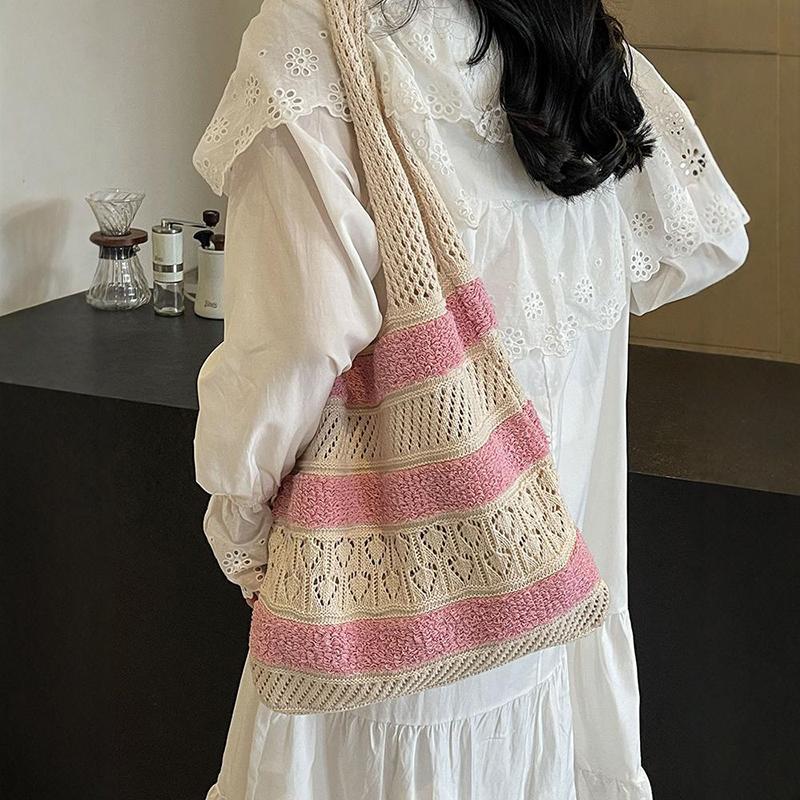 Yogodlns Модная винтажная полосатая вязаная сумка-тоут с цветными блоками — фото 5