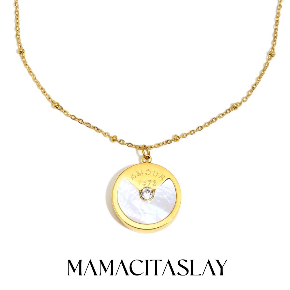 MamacitaSlay 316L Stainless Steel Zircon Shell Letter Pendant Necklace Party Waterproof Jewelry Women's Elegant Neck Jewelry