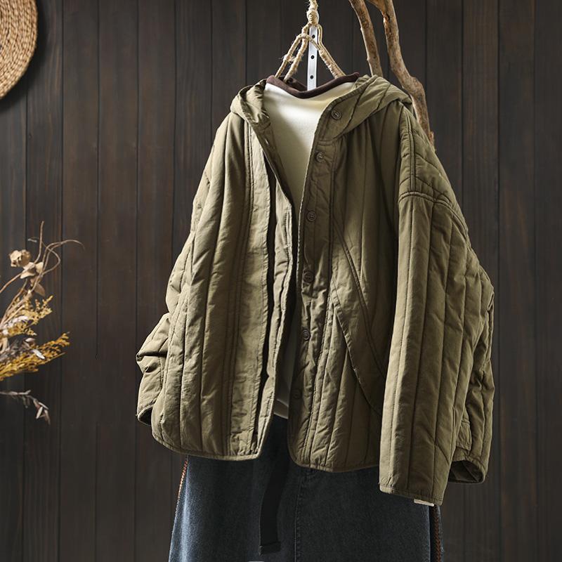 Women's Retro Winter Quilted Cotton Jacket with Hood, Vertical Stripes, Loose Fit, Petite Size, Warm & Thick Design