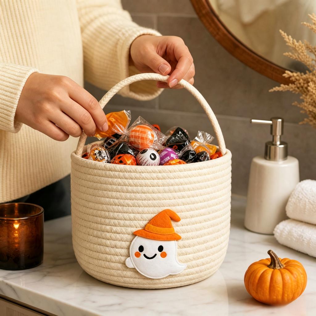 Halloween Woven Storage Basket with Handles, Cotton Rope Candy and Toy for Bathroom Decor