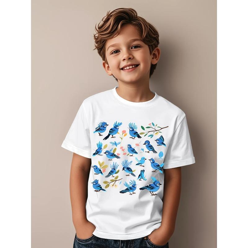 Kids Crewneck Tee, Cute Blue Jay Bluebird & Leaves Cartoon Print 110 белый