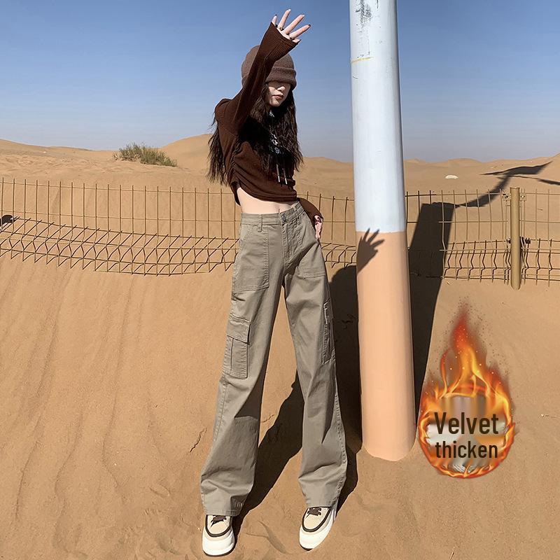 Women's Fleece-Lined High-Waisted Retro Straight-Leg Jeans with Multi-Pockets