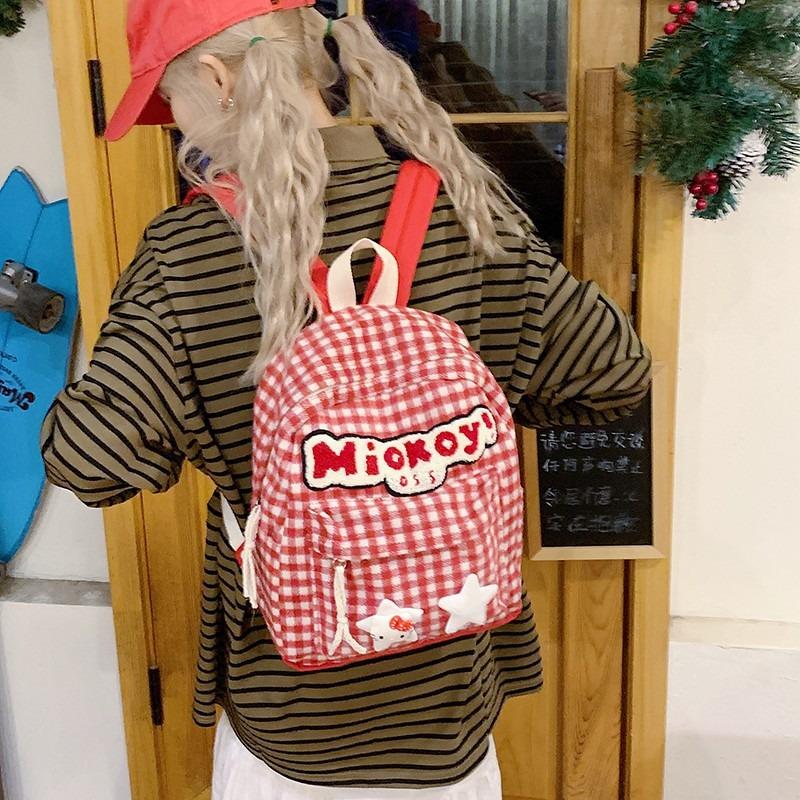 Red Plaid Backpack Cute Backpack Autumn New Tutoring Bag Large Capacity Student Bag