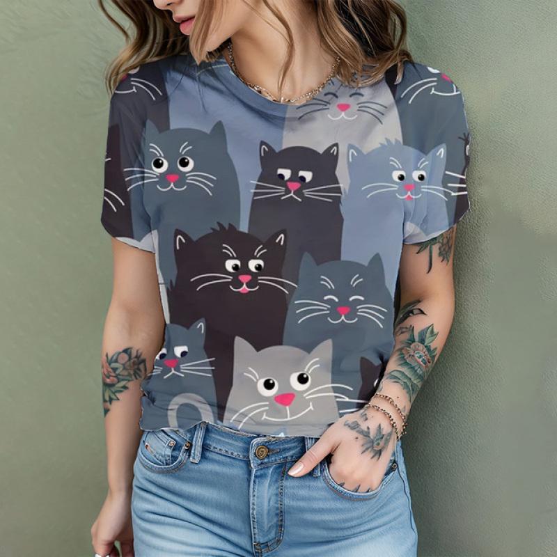 Women's T Shirt Comic Cat 3D Print Harajuku Summer Short Sleeve Top O Neck Casual Women's Oversized T Shirt Coolred Short Sleeve