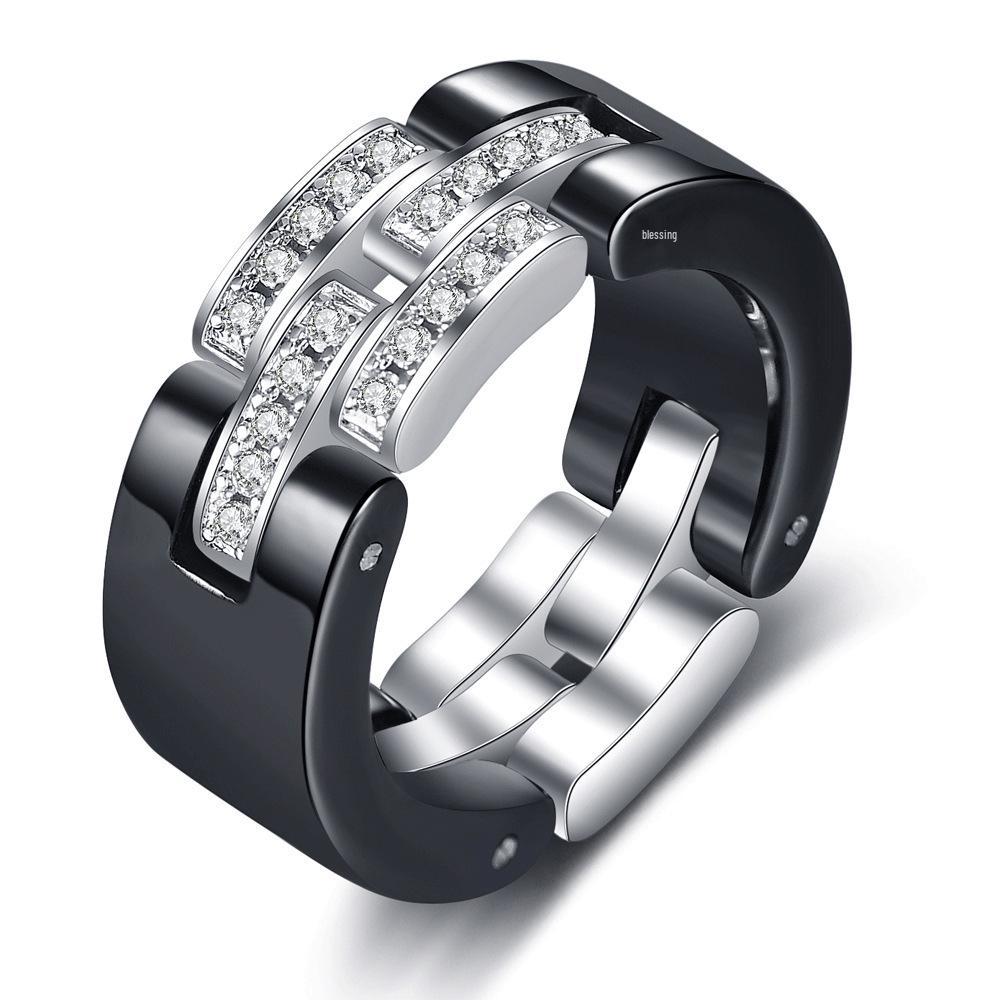 8MM Ceramic Chain Splice Rhinestone Inlaid Foldable Ring for Women - European and American Fashion Size 7 чёрный