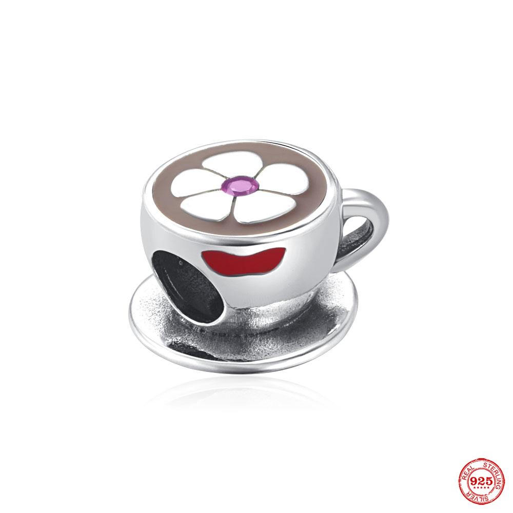 New 925 Silver Fine Coffee Cup Pendant Fit Original Bracelet Diy Jewelry Women Wine Glass Bottle Drink Charm Red Heart Clip Bead