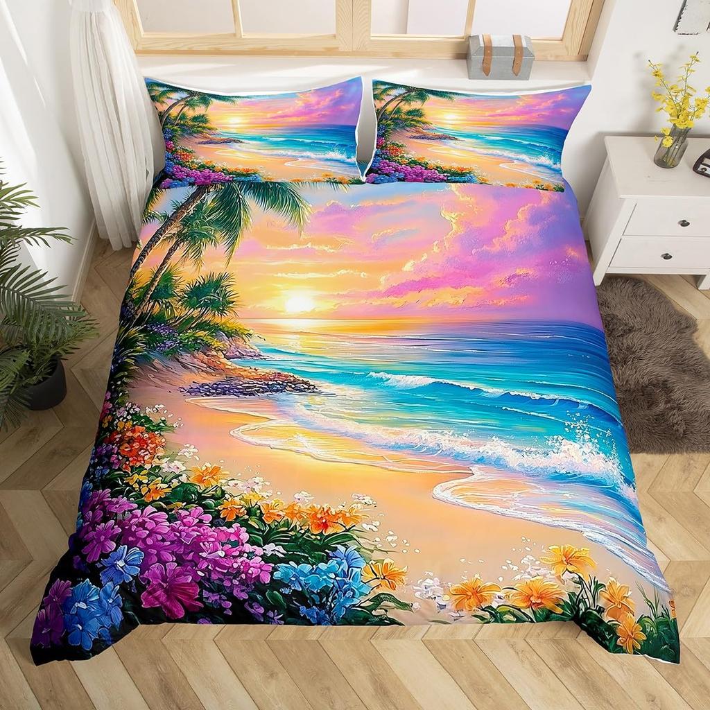 Beach Duvet Cover Twin Full Queen King Size,Ocean Theme Bedding Set for Kids Girls Boys Room Dorm,Coastal Beach Comforter Cover