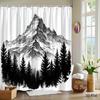 Black White Mountain Shower Curtain Pine Forest Snowy Peak, Minimalist Ink Art Bath Curtain For Modern Bathroom And Home Decor