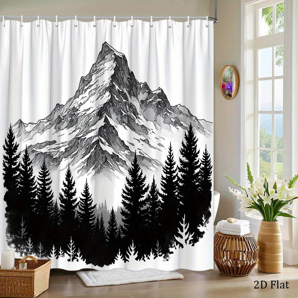 Black White Mountain Shower Curtain Pine Forest Snowy Peak, Minimalist Ink Art Bath Curtain For Modern Bathroom And Home Decor