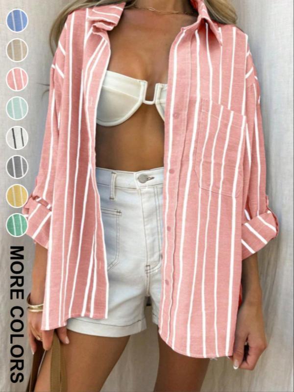 Blue White Vertical Striped Loose Fit Button Down Shirt S розовый
