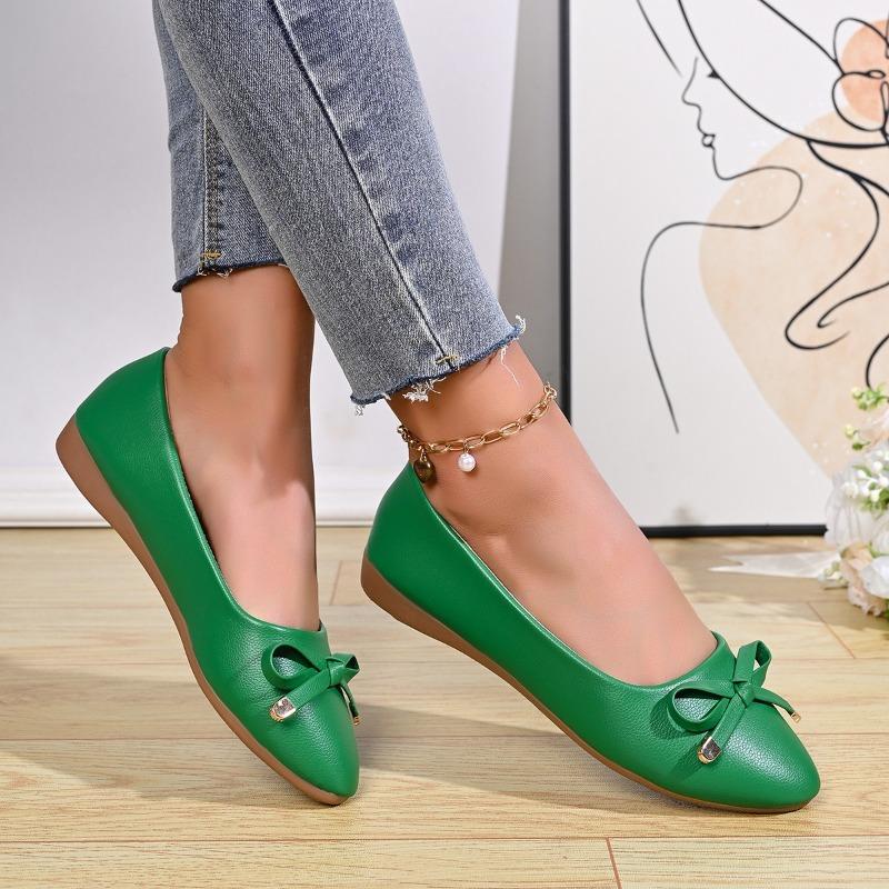 Scarpe Basse in Pelle con Fiocco Singolo, Bocca Stretta, Suola Spessa Morbida, Lati Morbidi, Tacco Basso Comodo