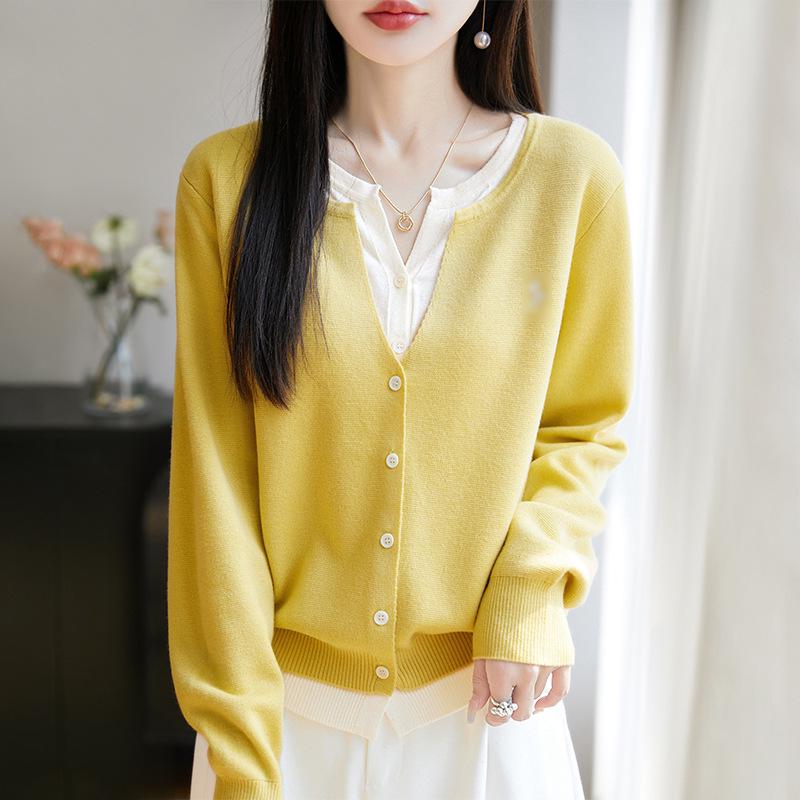 Soft, Chewy Milky Knit Cardigan for Women - New Spring/Autumn Style, Long-Sleeved, Gentle Yellow, Faux Two-Piece Sweater Top