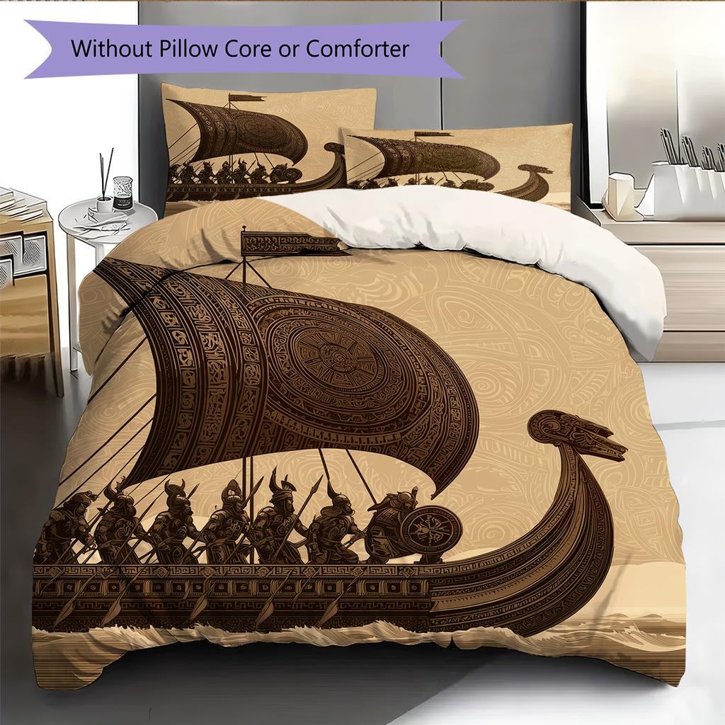Viking Longship Pattern Bedding Home Decoration Birthday Gift (1 * duvet cover + 2 * pillowcase, without core)