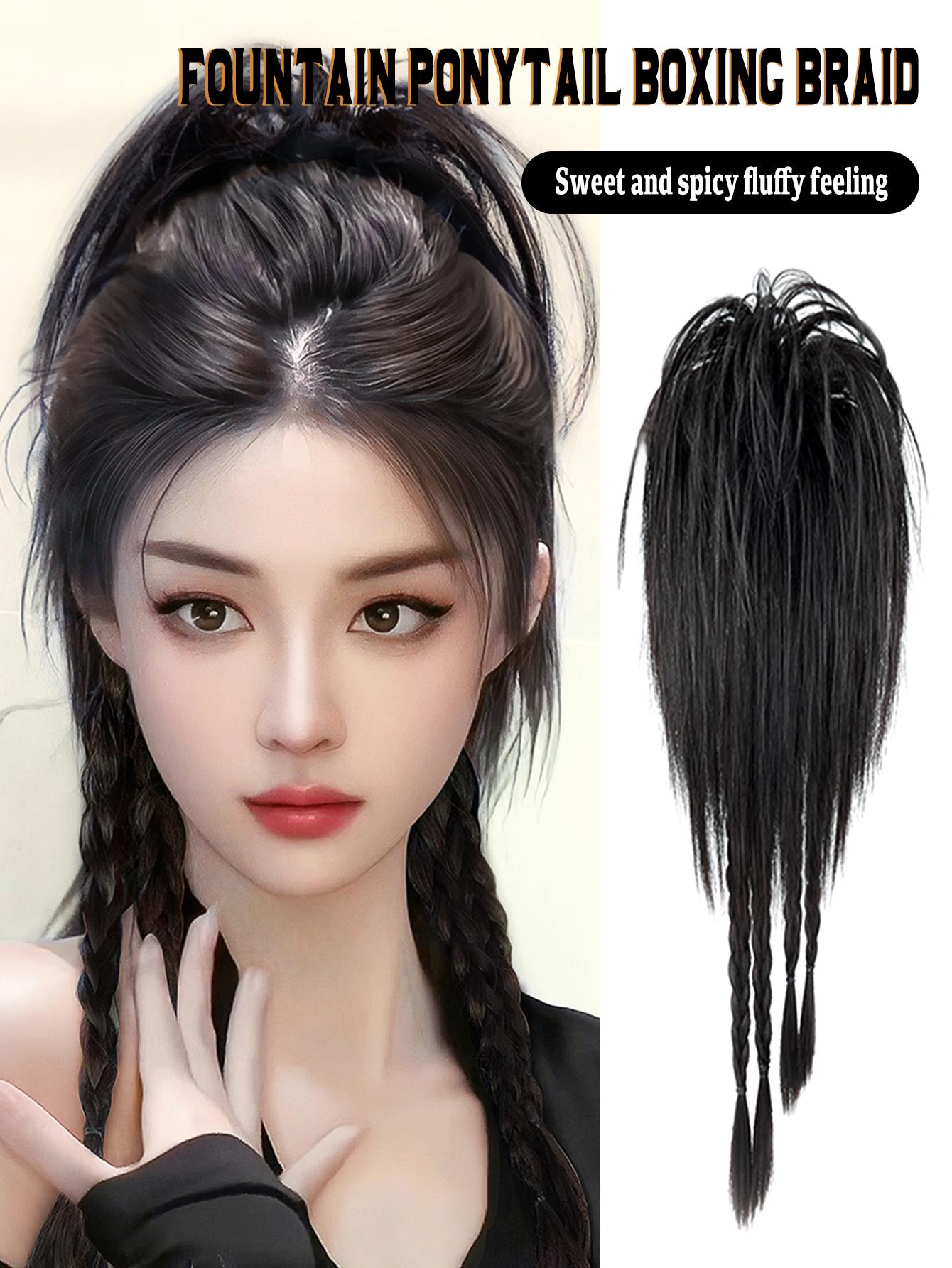 

Синтетический черный парик женский хвостик-зажим водопад полузавязанный хвост y2k Fried Dough Twists боксерский парик-косичка 22inch