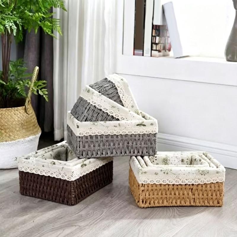Fabric Lined Storage Basket Set of 3 with Lace Trim, Rectangular Catchall Baskets for Desktop, Entryway, and Dresser