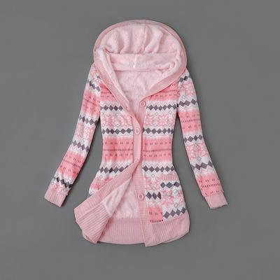 Damen Gestreift Bedruckt Langärmlig Herbst Winter Kapuzenpullover Knopfverschluss und Plüschfutter Strickjacke Wollpullover Jacke