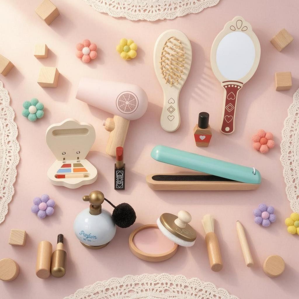 Wooden Pretend Makeup Kit Play Set Miniature for Kids