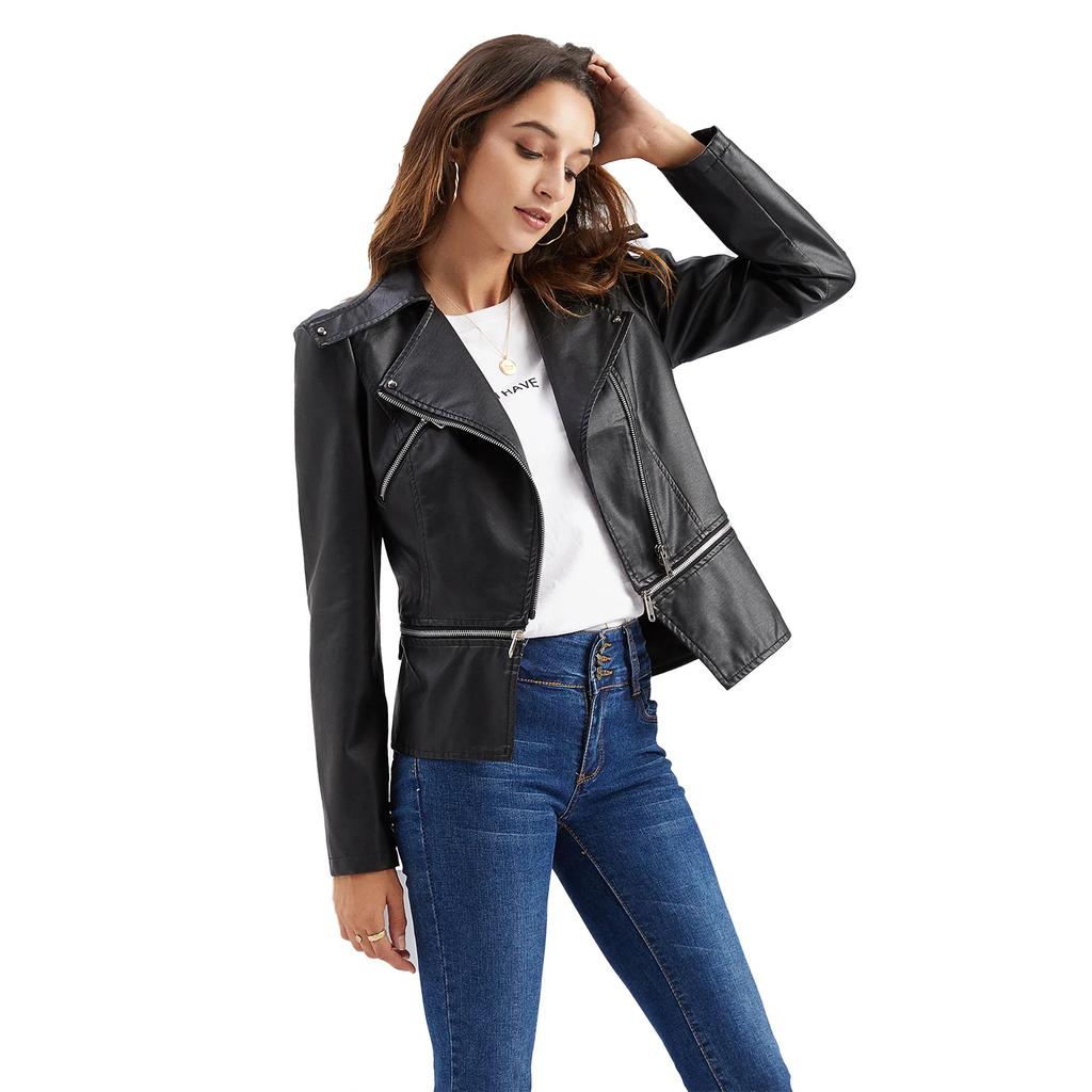 Frühling Herbst Motorrad PU Lederjacke Damen Lässiger Ledermantel Damen Langarm Umlegekragen Einfarbig Oberbekleidung