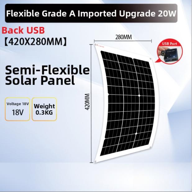 20W SemiFlexible Monocrystalline Solar Panel with Dual USB Ports for For roof Mounted Use and Portable 12V Device Charging