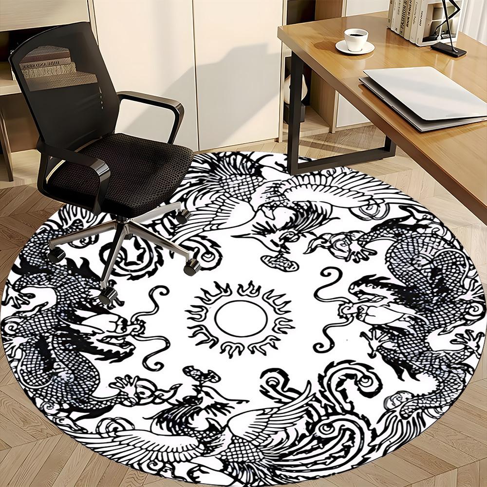 1pc Dragon Phoenix Circle Chair Carpet for Office, Round Non Slip Durable Large Size Office Carpet, Suitable for Office