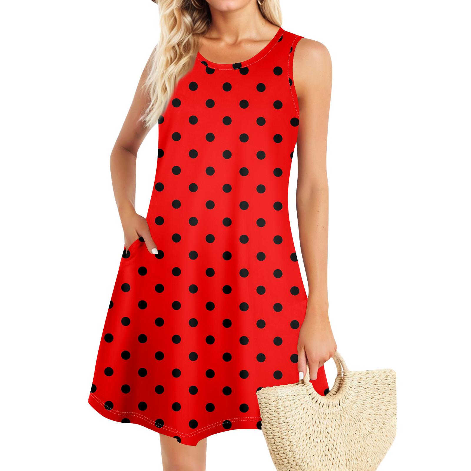 

Летние платья для женщин Пляжный Бохо без рукавов Винтажный принт Футболка с карманами Сарафаны-майки XL красный