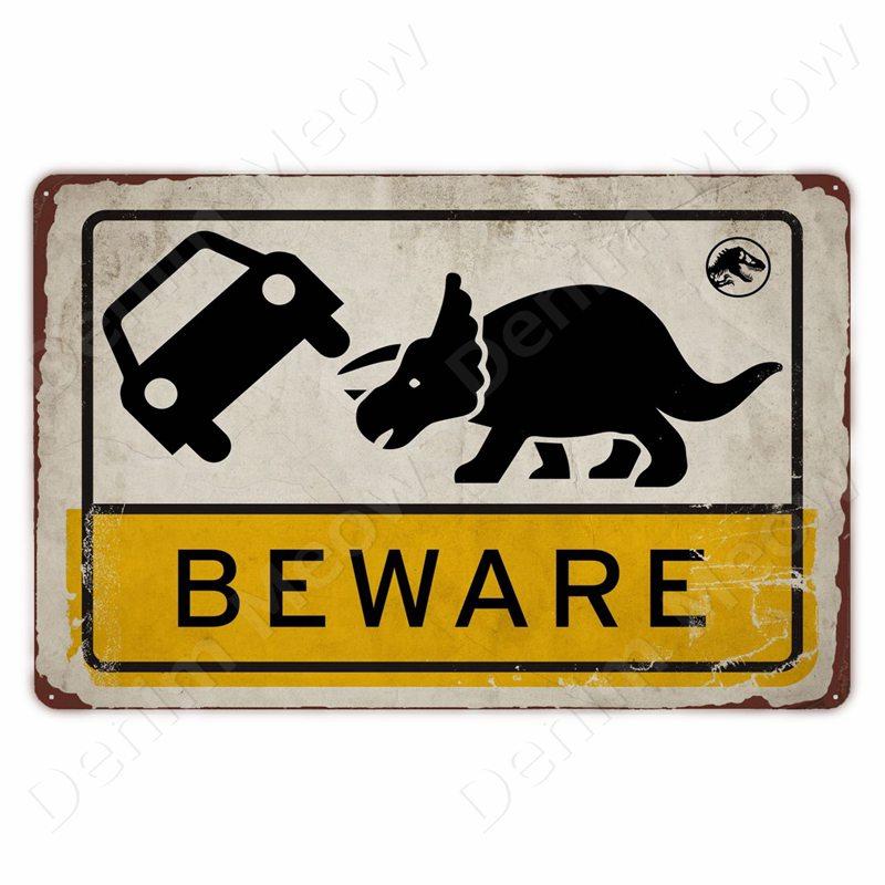 Beware of Raptor Funny Metal Tin Sign Slow Down Sign Garden Home Outdoor Zoo Plaque Dinosaur Warning Sign Vintage Wall Decor