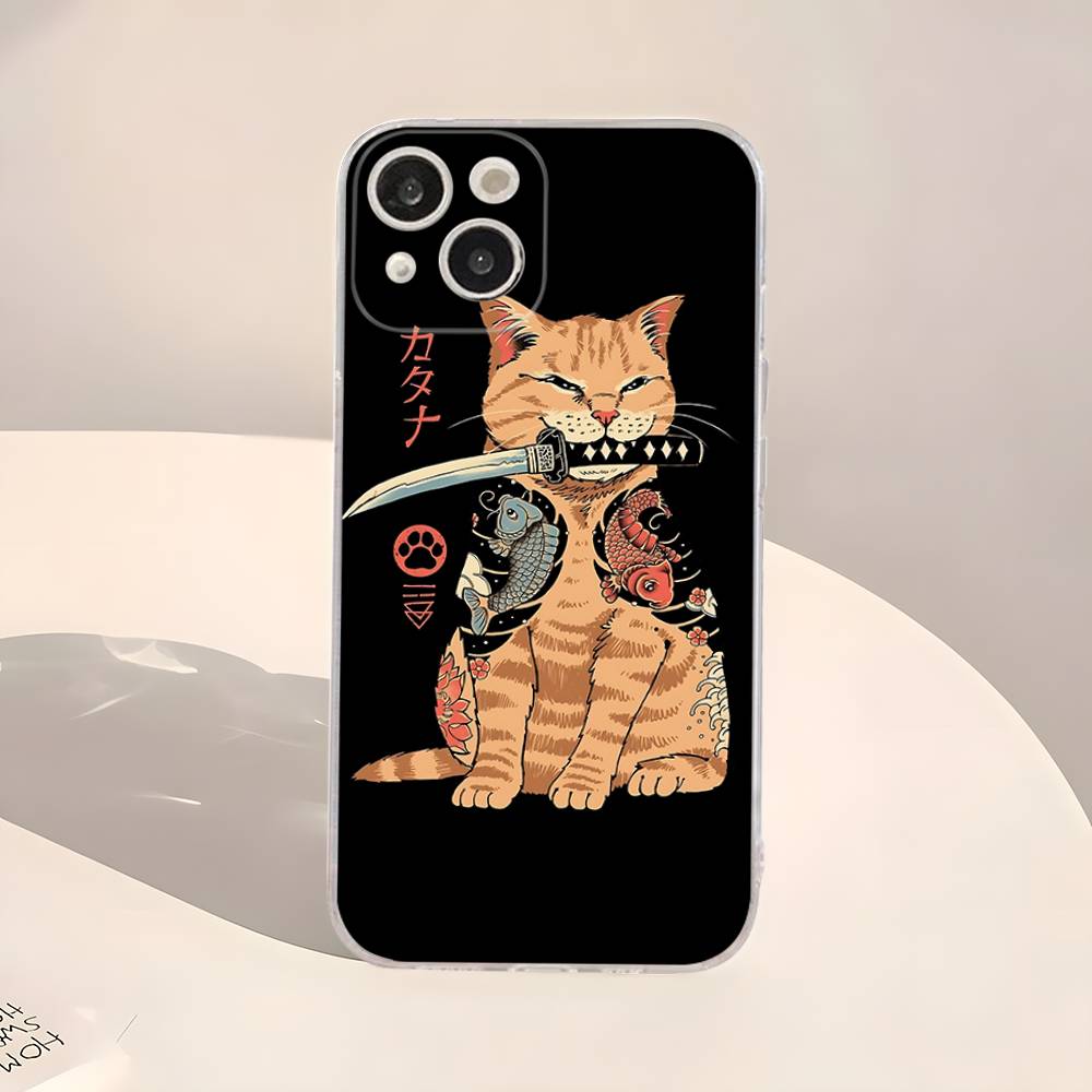 Japanese Samurai Cat Ramen Transparent Phone Case For IPhone 16 15 14 13 12 11 Pro Max Plus Soft Cover