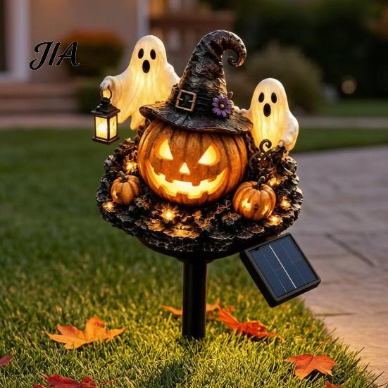 Illuminated Wizard Hat Pumpkin Solar Halloween Garden Stake Light, Waterproof LED Yard Decoration with Ground Plugs And Ghost, Outdoor Walkway
