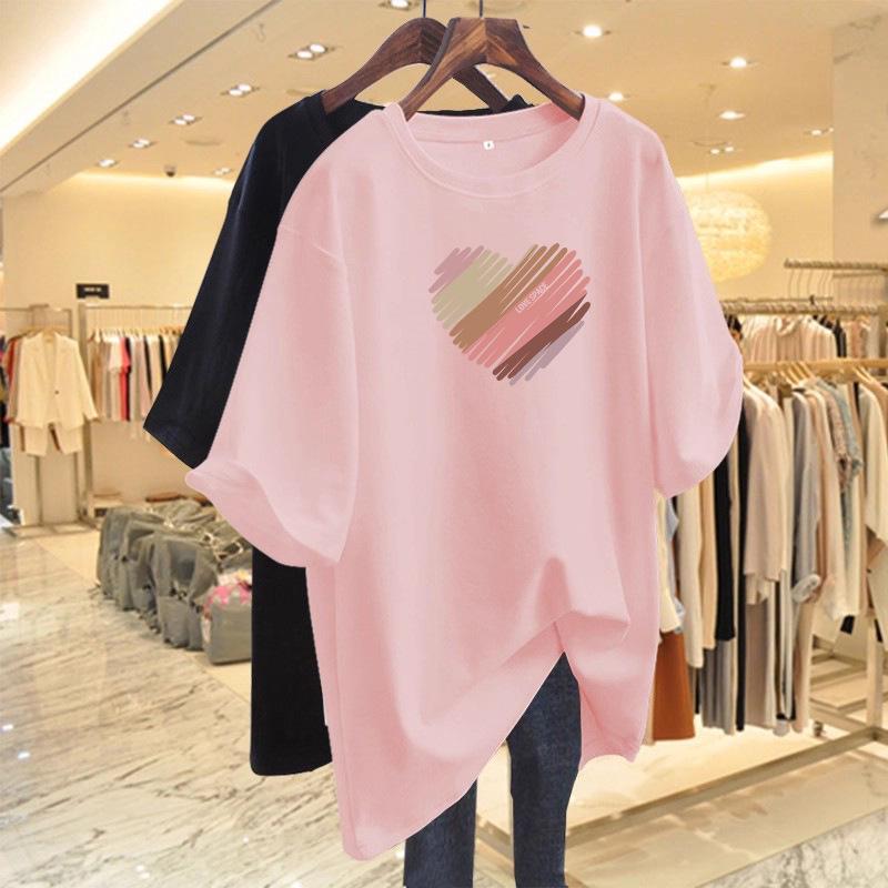 2026 Women's Korean Style Heart Print Slimming Loose Fit Mid-Length Short Sleeve Tee