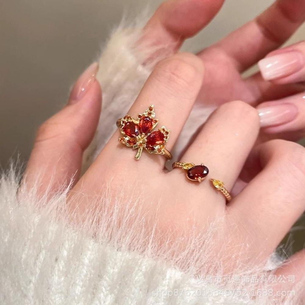 New Golden Red Zircon Maple Leaf Earrings Rings Bracelets Necklaces Women's Trendy Temperament High-end Retro Unique Jewelry