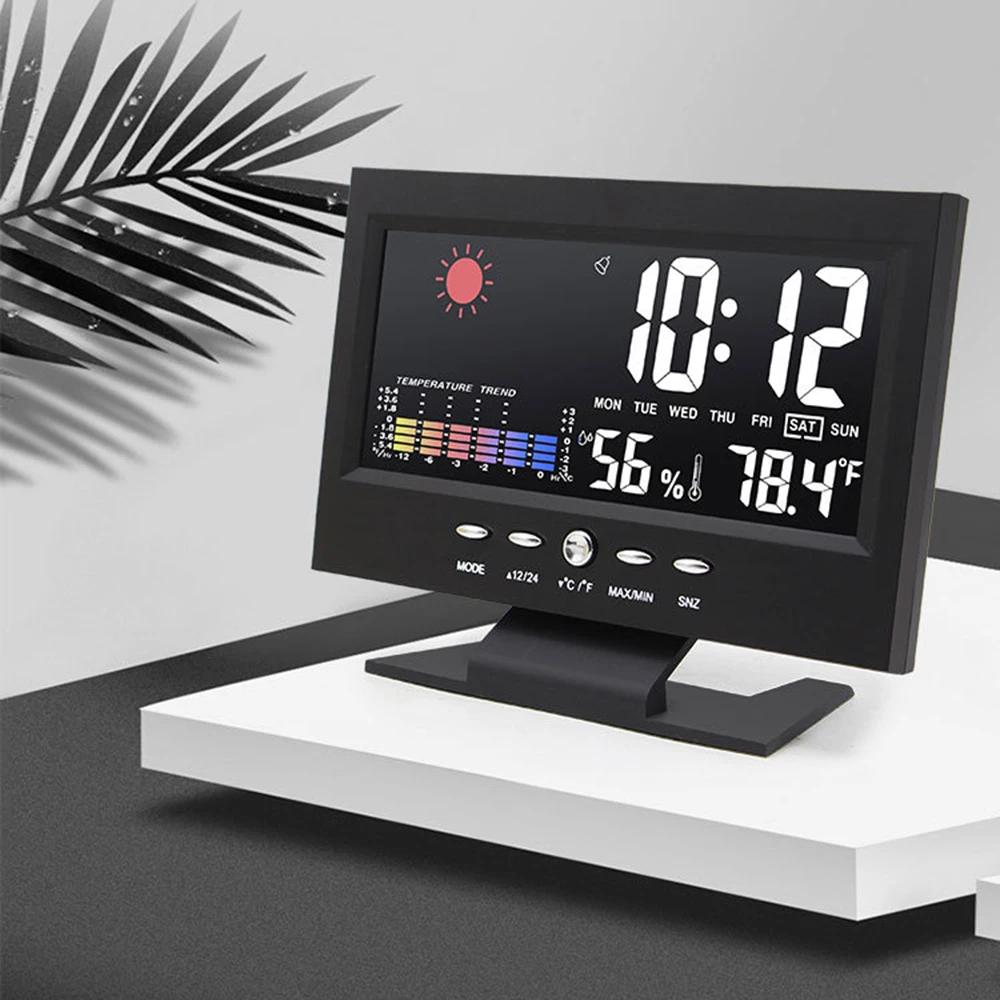 Large Screen Electronic Alarm Clock LED Weather Display Temperature Humidity Monitor Voice Control Home Timepiece Decor Gifts