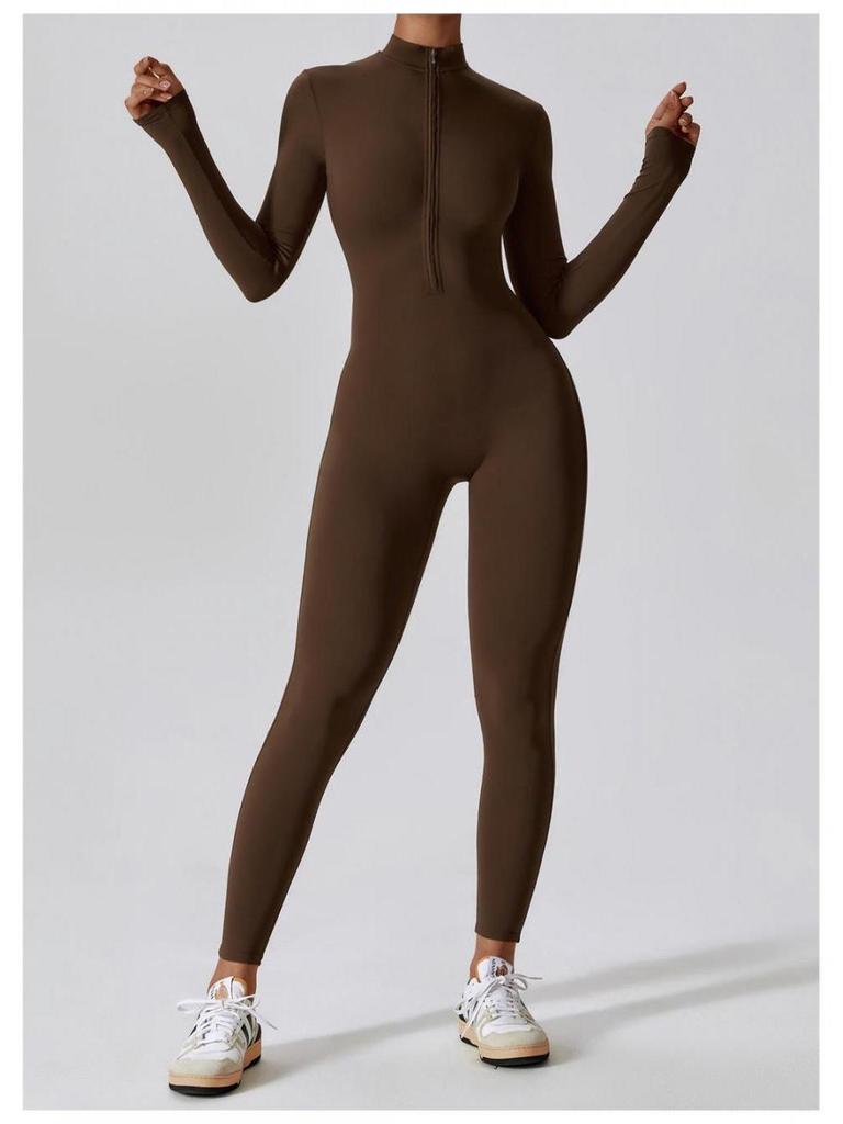 Autumn Long Sleeve Zipper Bodycon Butt-Lifting Bodysuit Yoga & Running Pants for Women - Black