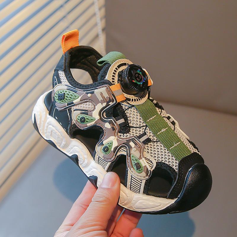 Boys Girls Sports Sandals Rotating Button Kids Casual Shoes Handsome 2025 Summer New Children Beach Shoes Toes Capped Soft Sole