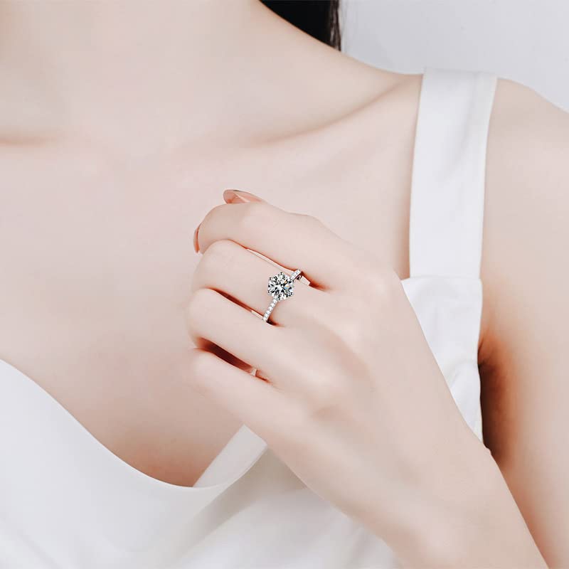 Sterling Silver Ring Platinum Plated Engagement Ring Round Stunning 8mm 2CT Simulated Diamond Wedding Ring Love Statement Day Gift Luxury Box Jewelry