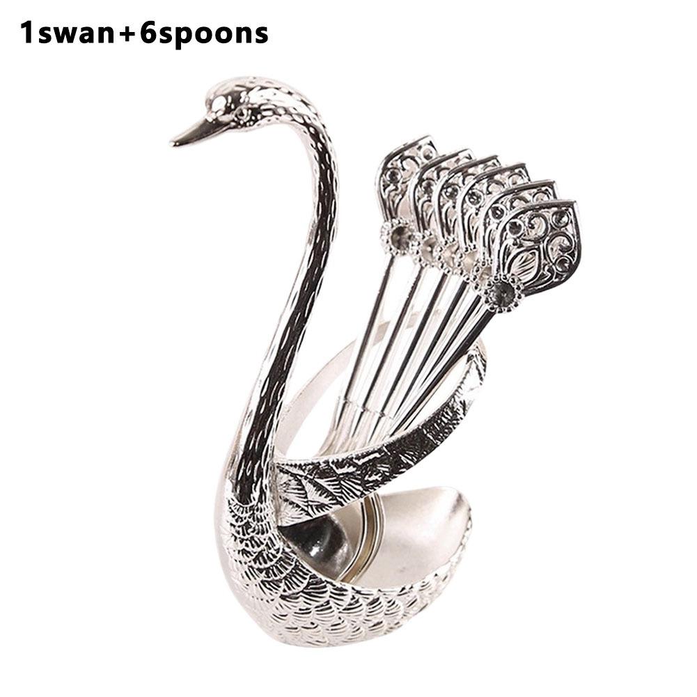 

Stainless Steel Creative Dinnerware Set Decorative Swan Base Holder With 6 Spoons For Coffee Tea Cake Dessert Kitchen Supplies