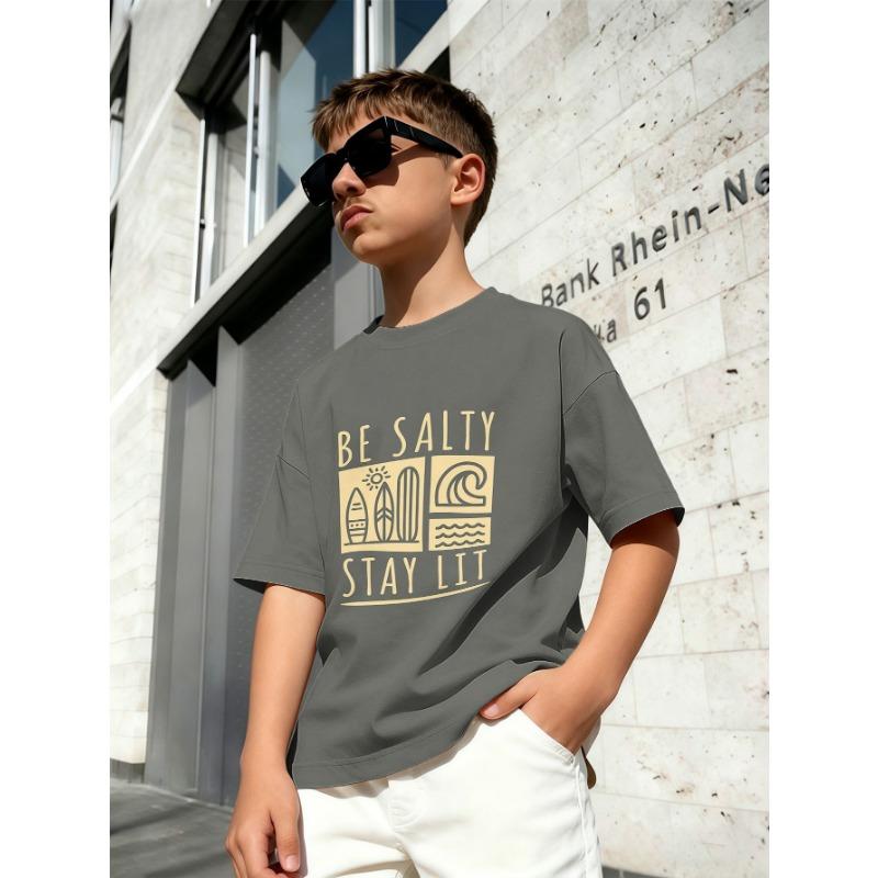 Boys' Simple Letter Small Label Printed Short Sleeved T-shirt Summer Loose Casual Children's Round Neck Top