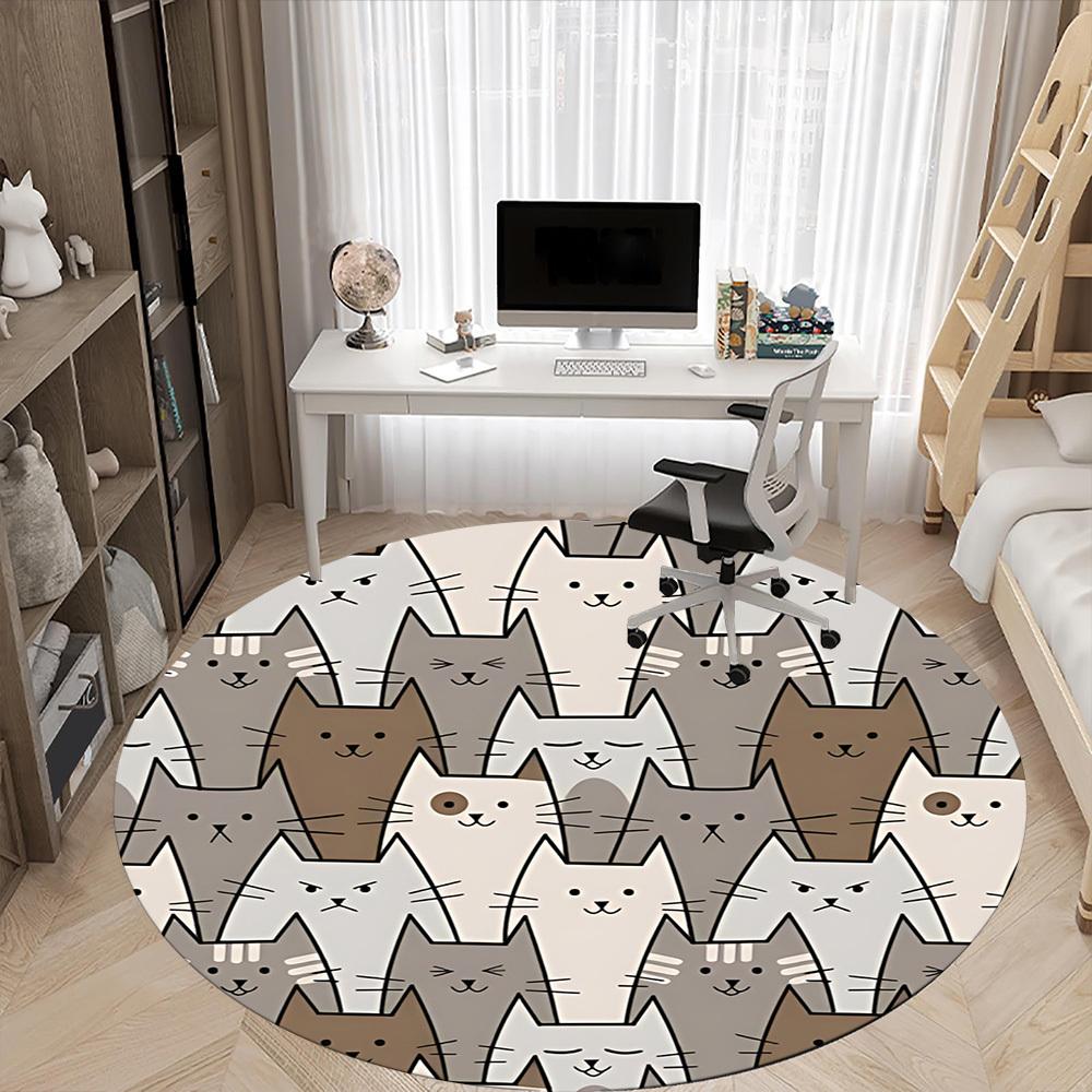 1 szt. Okrągły dywanik biurowy z motywem kota, Mata wewnętrzna odpowiednia do biura, Pod krzesła biurowe, Sypialnia, Salon, Wystrój domu, Dekoracja pokoju