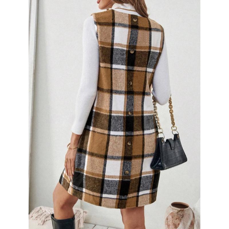 Höst och Vinter Casual Rutig Ärmlös Klänning Dammode Minikjolstil Axelbandslös Vintage Klänningar Kläder Ytterkläder