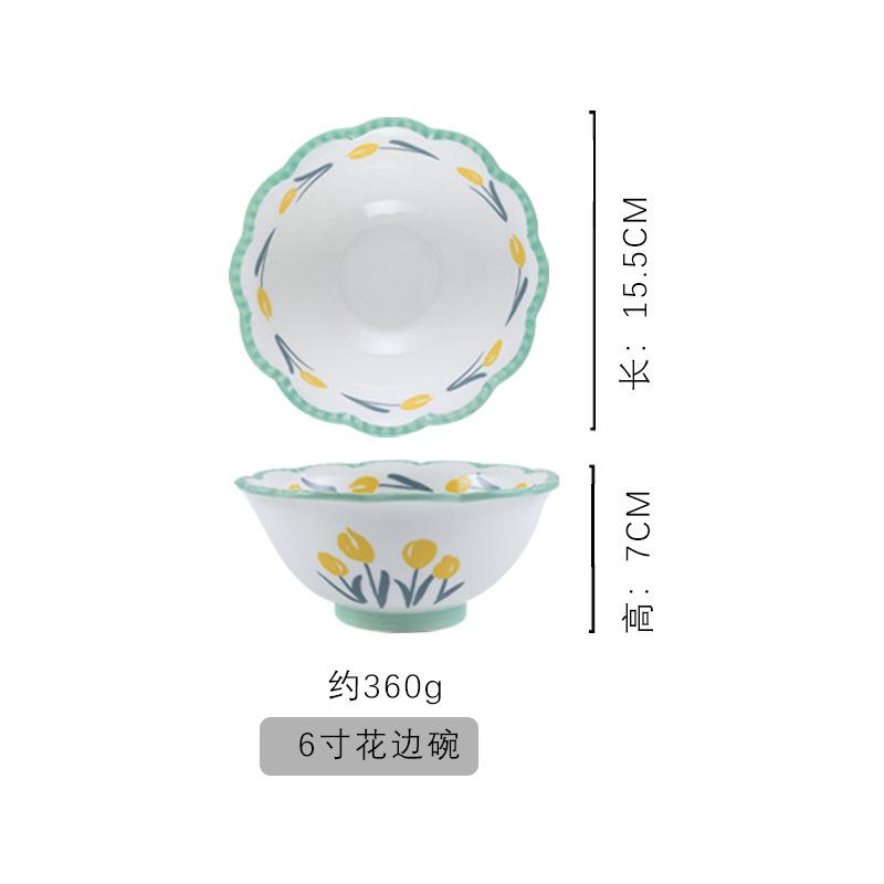 Flower Ceramic Bowl Set Household Tulip Underglaze Color Rice Bowl Vegetable Plate Plate Combination Tableware Set Tableware And Chopsticks