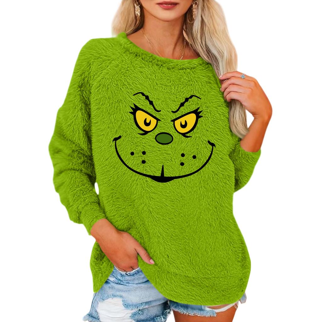 Women's Fashionable Round Neck Long Sleeved Christmas Printed Loose Plush Warm Pullover Top