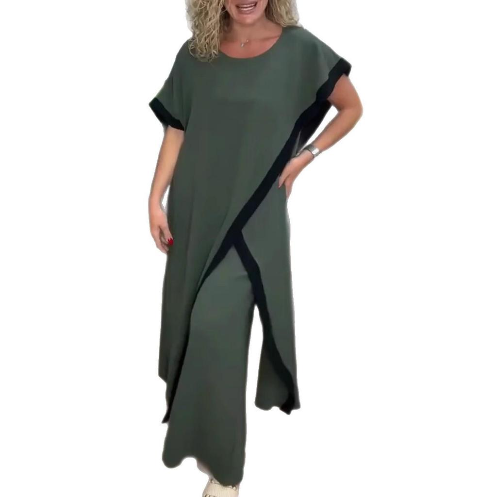 2025 Plus Size Colorblock Patchwork Long Dress Set - Cross-border Fashion