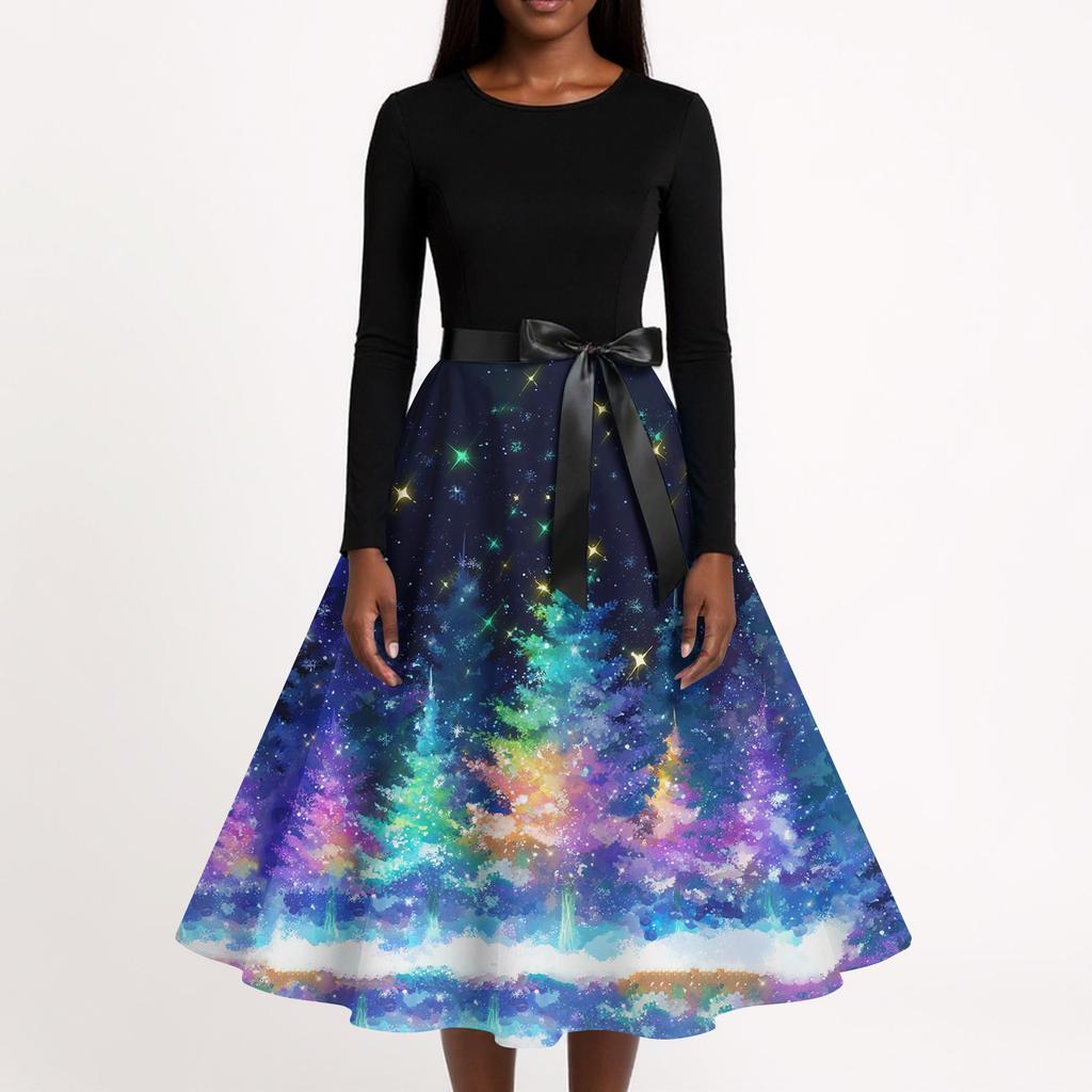 Dámské módní ležérní šaty s kulatým výstřihem a halloweenským potiskem s dlouhým rukávem