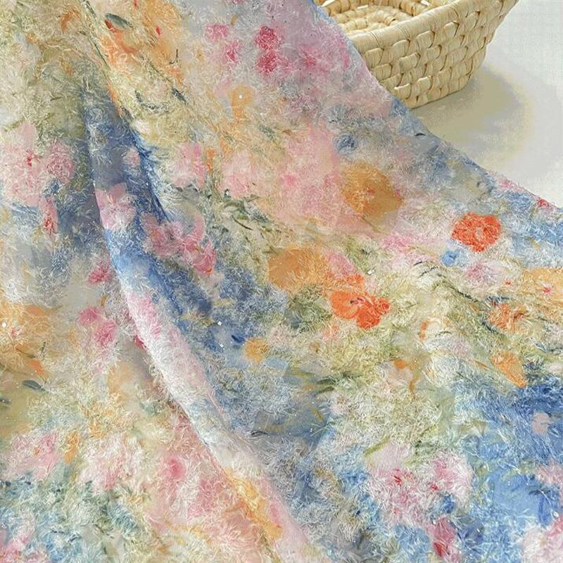 100*145cm Retro Oil Painting Style Jacquard Fabric Chinese Style Dress Clothing DIY Sewing Plush Tassel Chiffon Designer Fabric