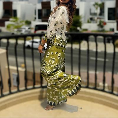 Swobodny nadruk, bluzka z klapami, damska, modna, szeroka nogawka, długi rękaw, jednorzędowa koszula, letni zestaw spodni Street Lady